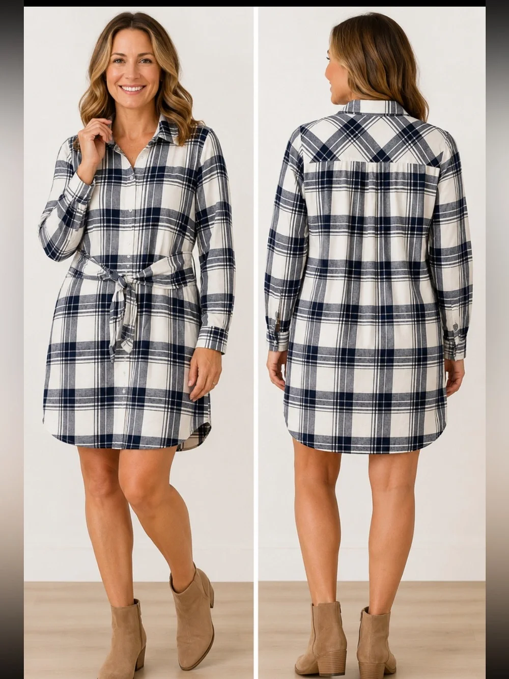 J.Crew Mercantile 100% Cotton Navy & White Plaid Flannel Tie-Waist Shirt Dress